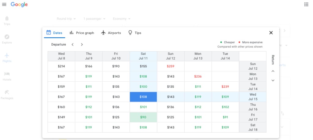 Google Flights date grid displaying price variations