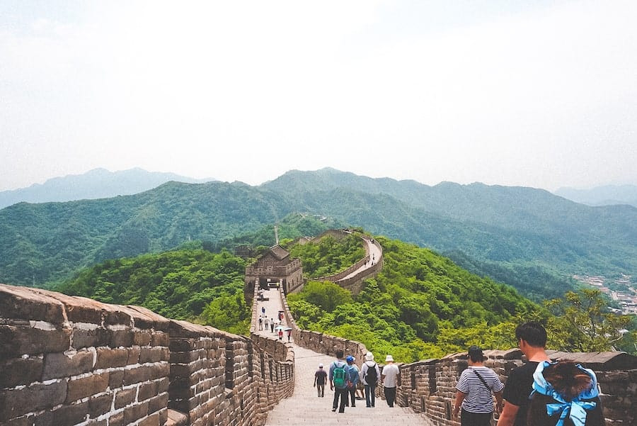 Tourists walking on the Mutianyu section of the Great Wall of China