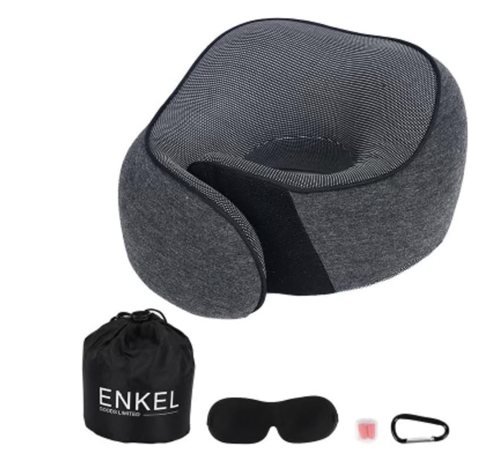 Grey travel neck pillow with bag and sleeping mask for restful travel