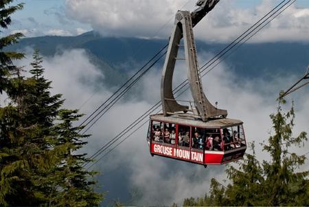 The iconic gondola bringing visitors to the peak of Grouse Mountain