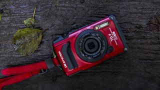 OM System Tough TG-7 camera on a wooden log across a river