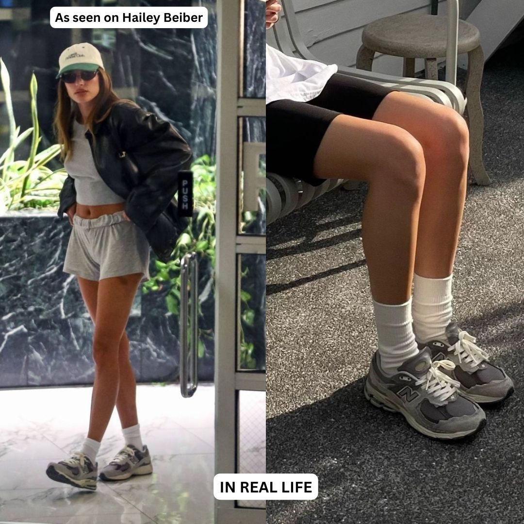 Hailey Bieber walking in New Balance 2002R sneakers in a casual outfit