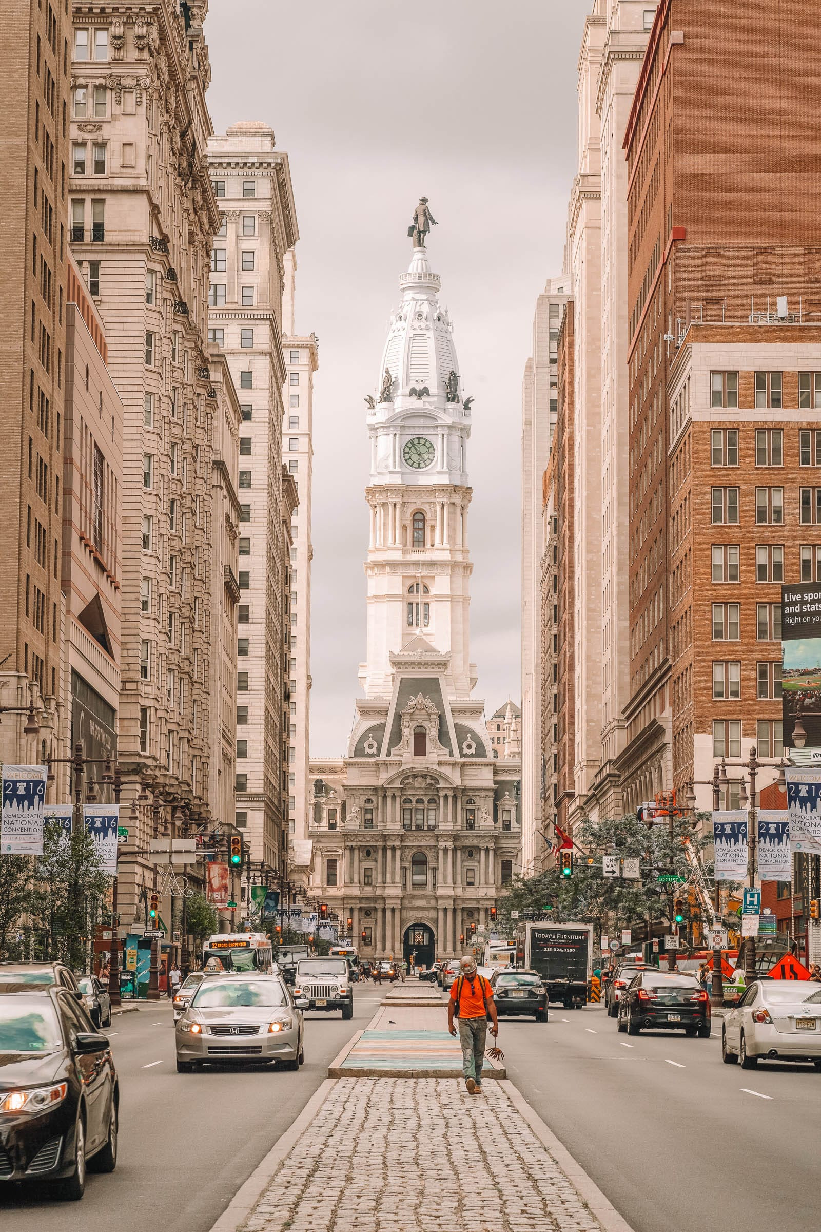 A street scene in Philadelphia, showcasing the city's historical architecture