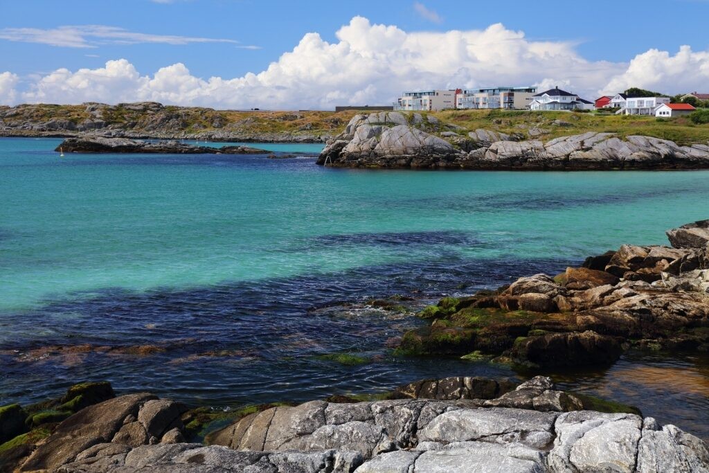 Rocky shores of Åkrasanden beach, Haugesund Norway