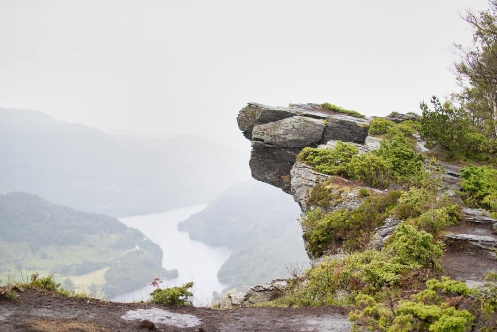 Dramatic rock formation of Himakånå overlooking Lysevatnet, Haugesund Norway