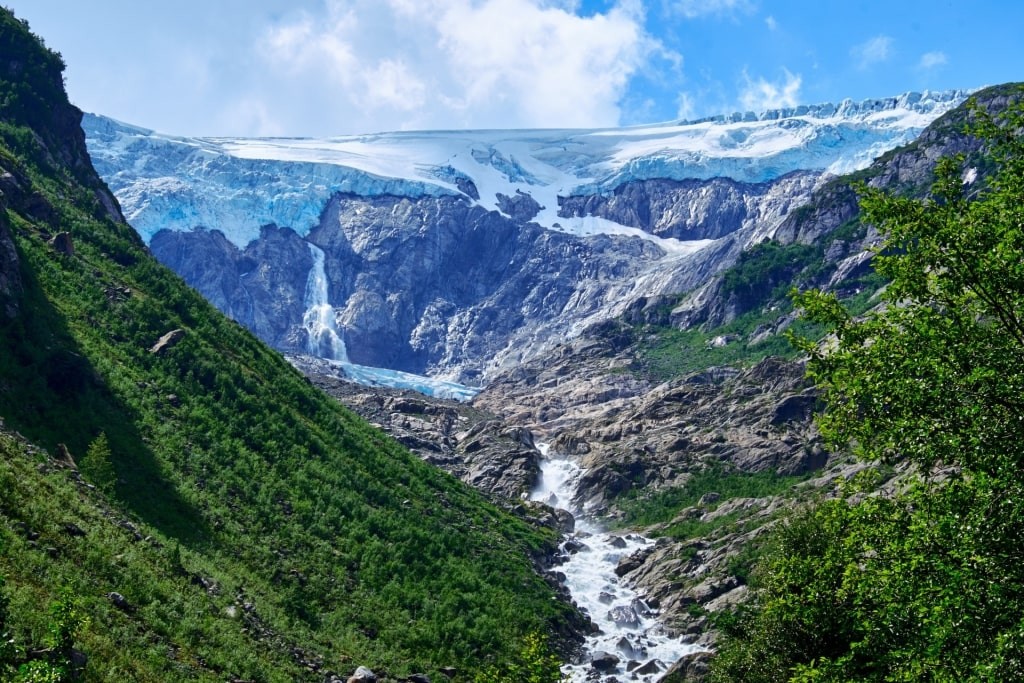 Icy landscape of Folgefonna glacier visible from Langfoss Waterfall, Haugesund Norway