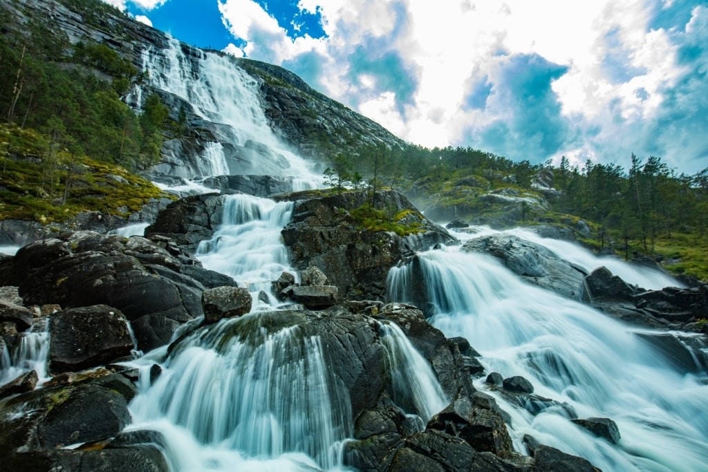 Close-up view of the cascading Langfoss Waterfall, Haugesund Norway