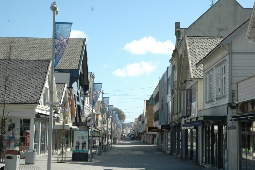 Picturesque Haraldsgata lined with shops and cafes, Haugesund Norway