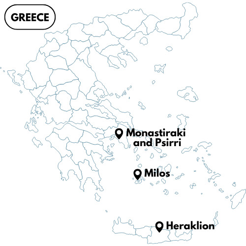 Three hidden gem locations pinned on a map of Greece