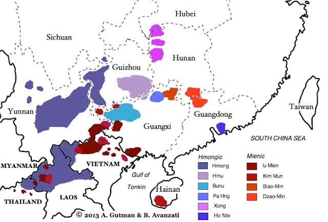 A rough map of the Hmong-Mien or Miao-Yao language family locations, corrected to show the distribution of these language groups across Southeast Asia and Southern China.