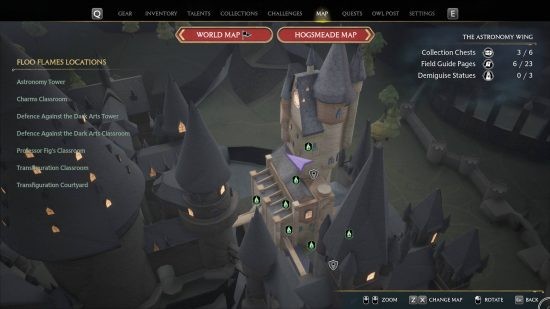 Hogwarts Legacy Floo Flame fast travel - the map selection screen showing the Floo Flame locations in one part of Hogwarts.