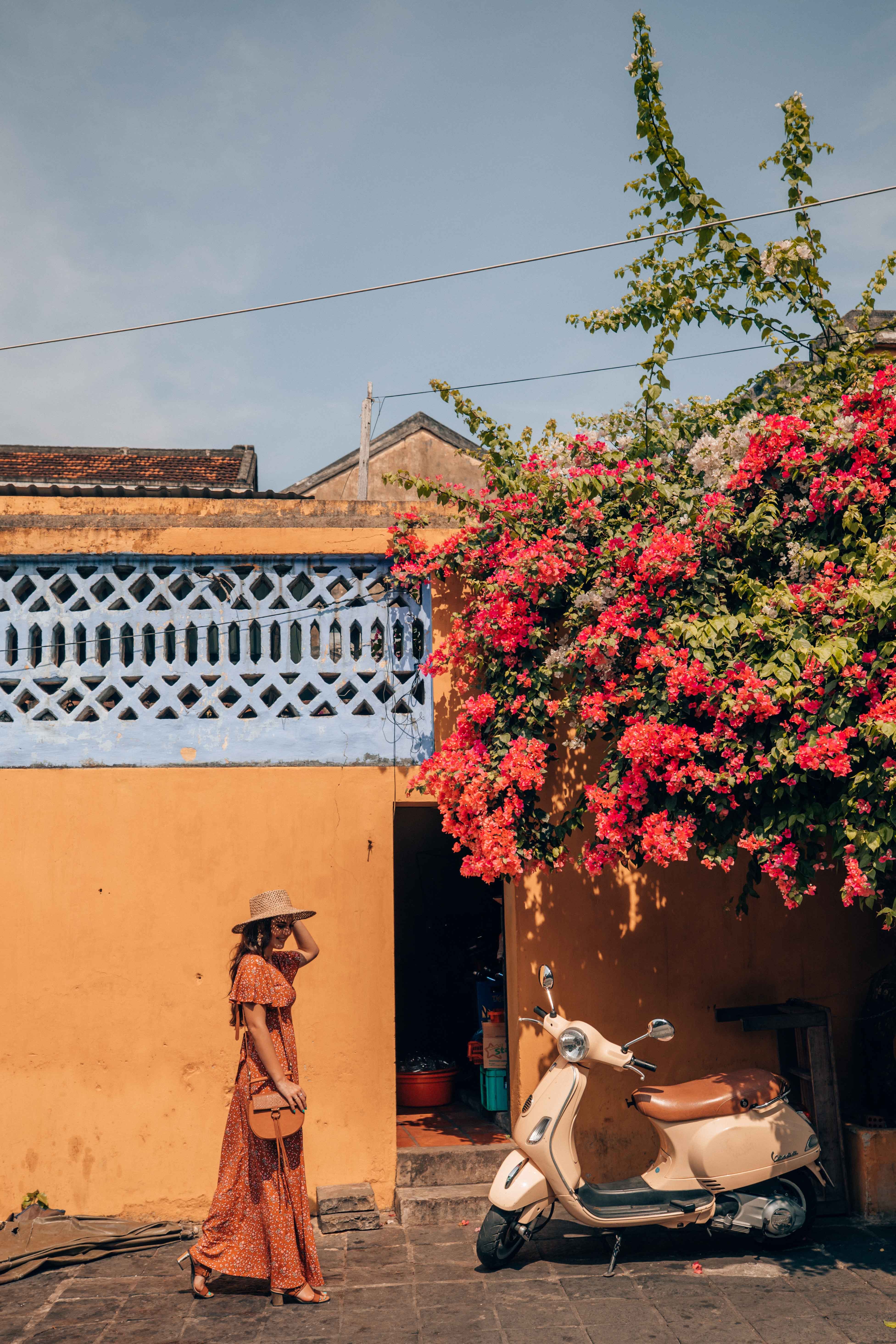 Scooter parked in front of a bougainvillea tree