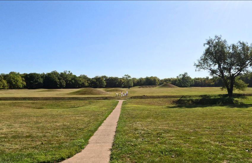 Hopewell Culture National Historical Park featuring earthen mounds and lush greenery, representing ancient indigenous heritage