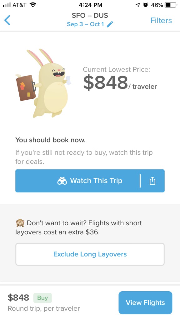 Hopper app interface showing monitored flights