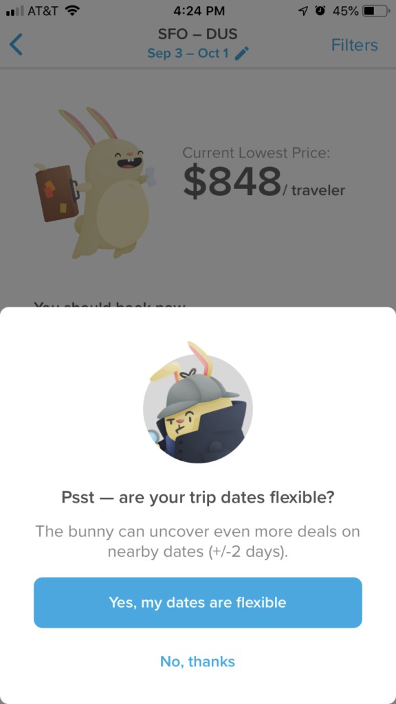 Hopper app alert for a price drop on a flight