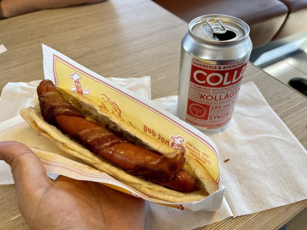 Hot dog and Collab at a gas station: the ultimate cheap Icelandic lunch.