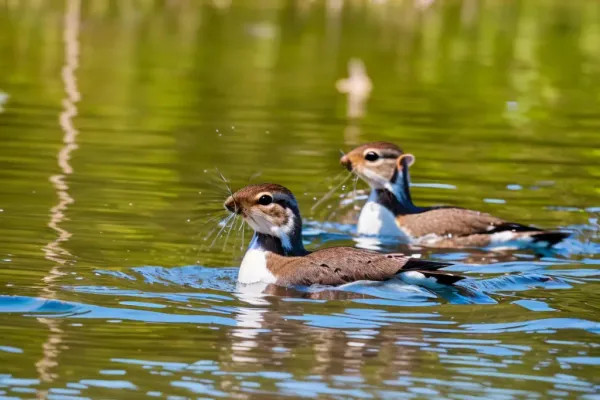 Loons swimming in a lake near the Loon Center