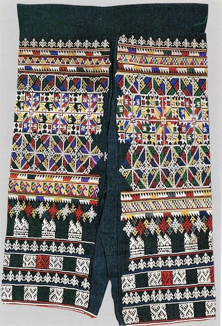 Complete pair of pants from the Fang area of Chang Mai province of Thailand, showcasing the traditional clothing and vibrant colors of the Iu Mien women.