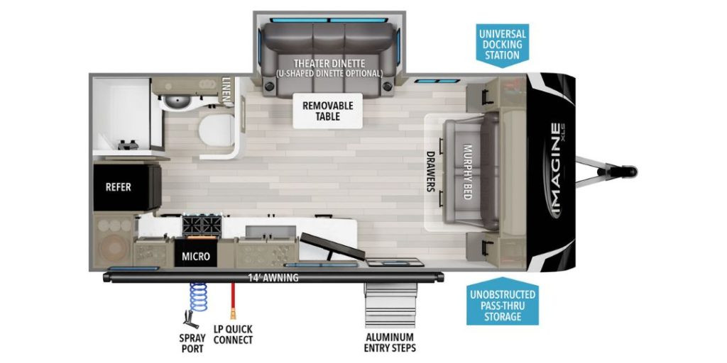 Imagine 17MKE mega kitchen couple’s camper floor plan