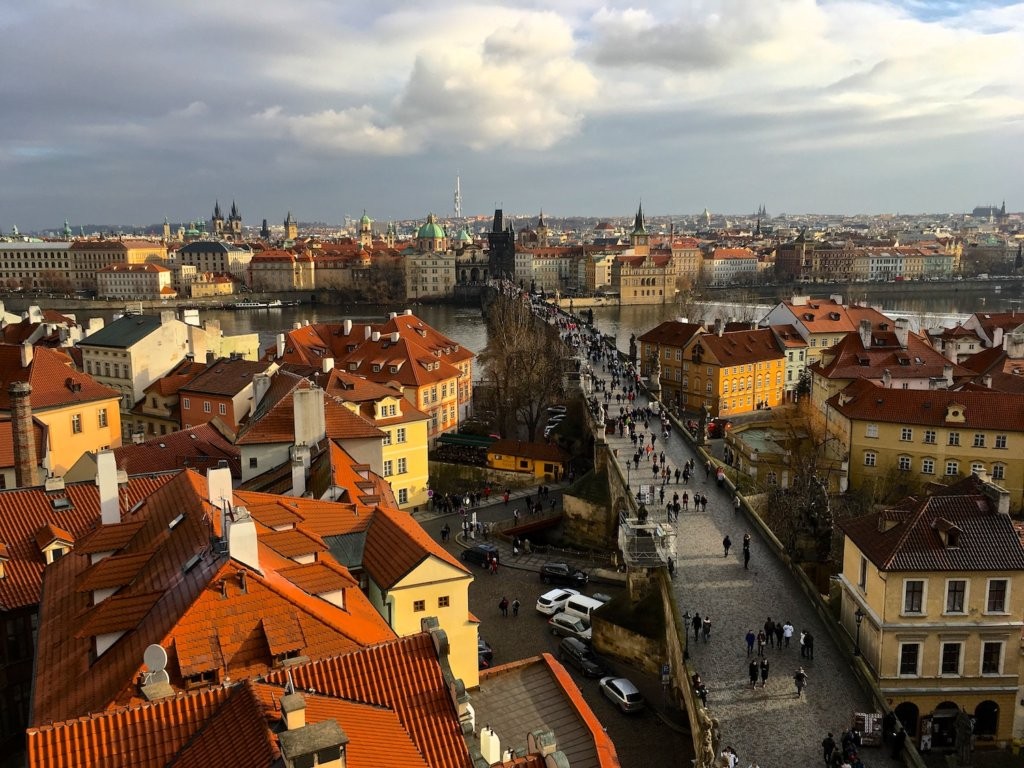 Charles Bridge in Prague, Czech Republic where 30 historic statues can be found lining the bridge across the Vltava river