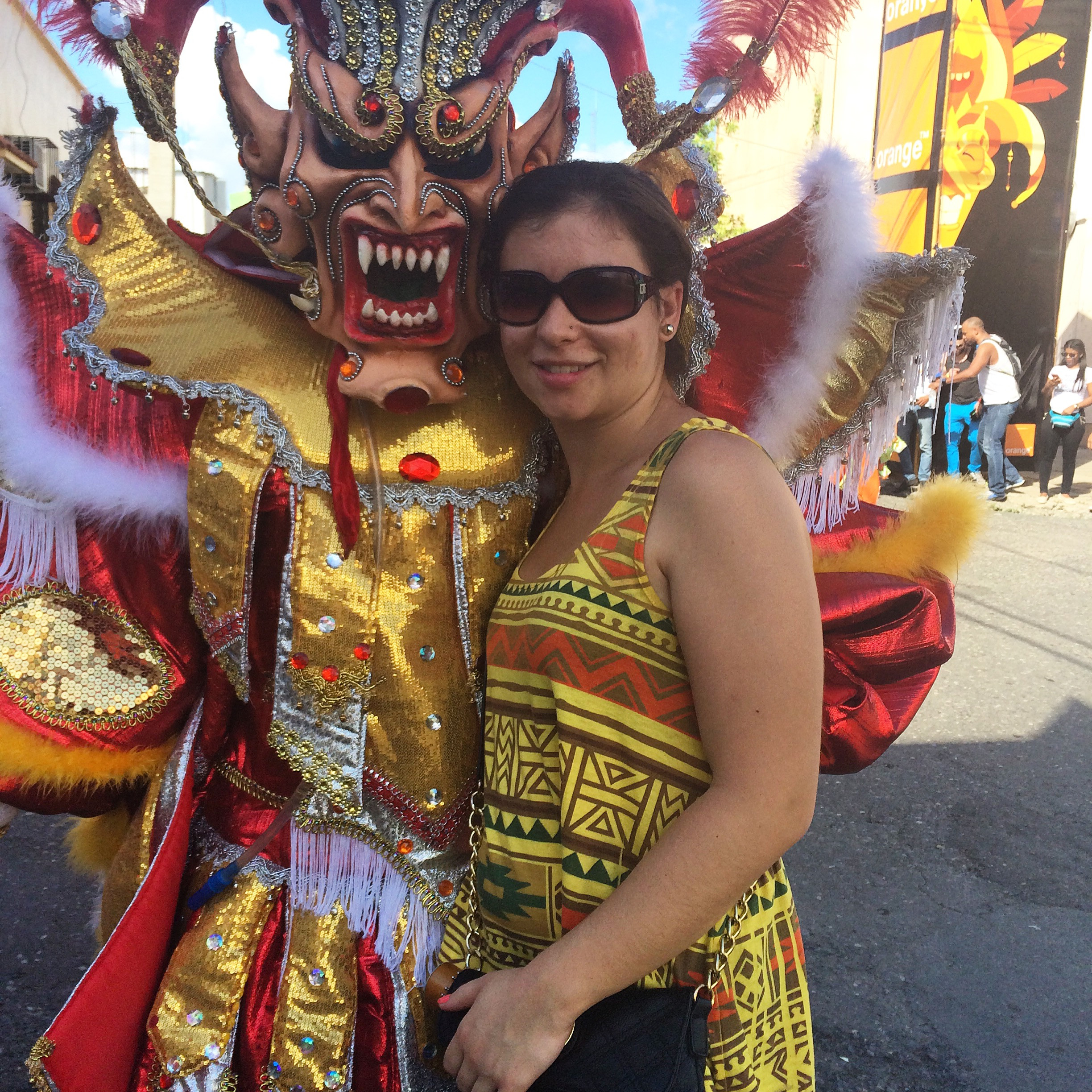 Blending in at Carnaval in La Vega with colorful attire