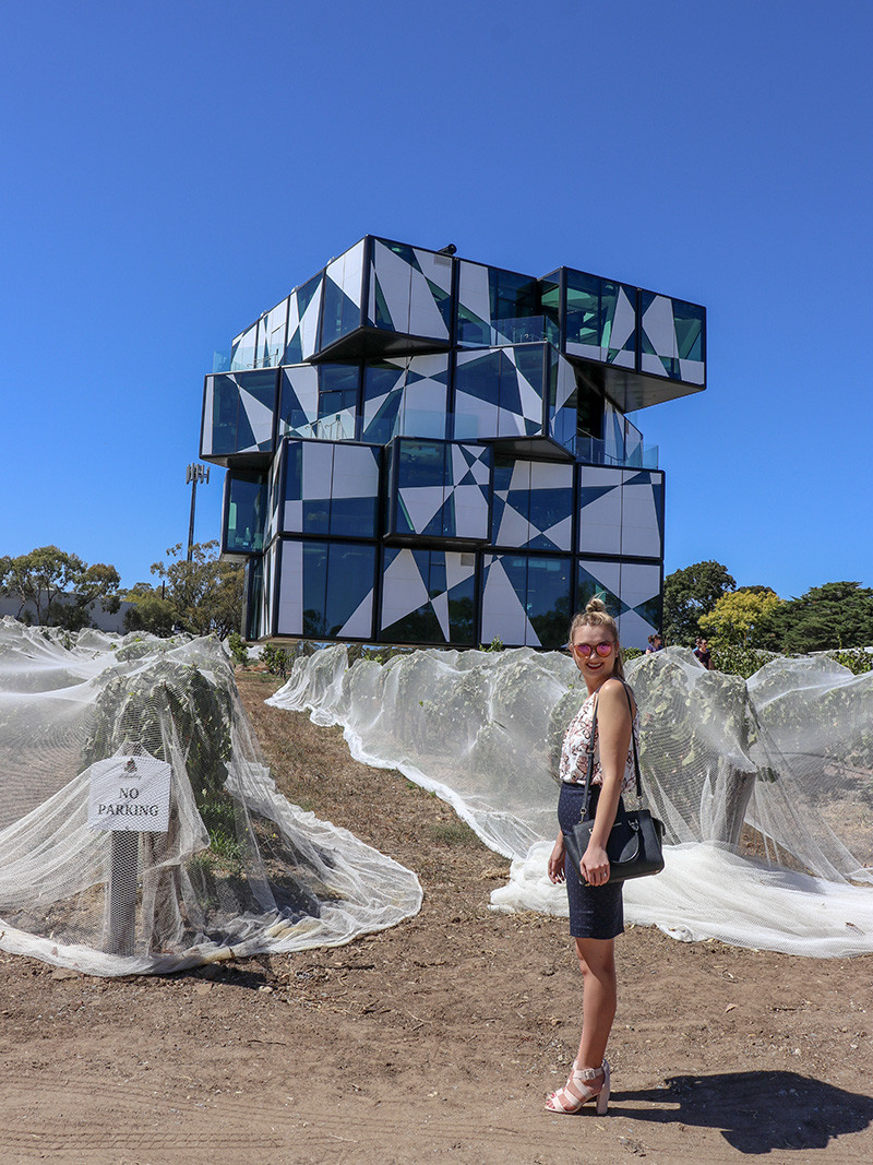 The d'Arenberg Cube in McLaren Vale is an iconic structure offering wine tasting and panoramic vineyard views.