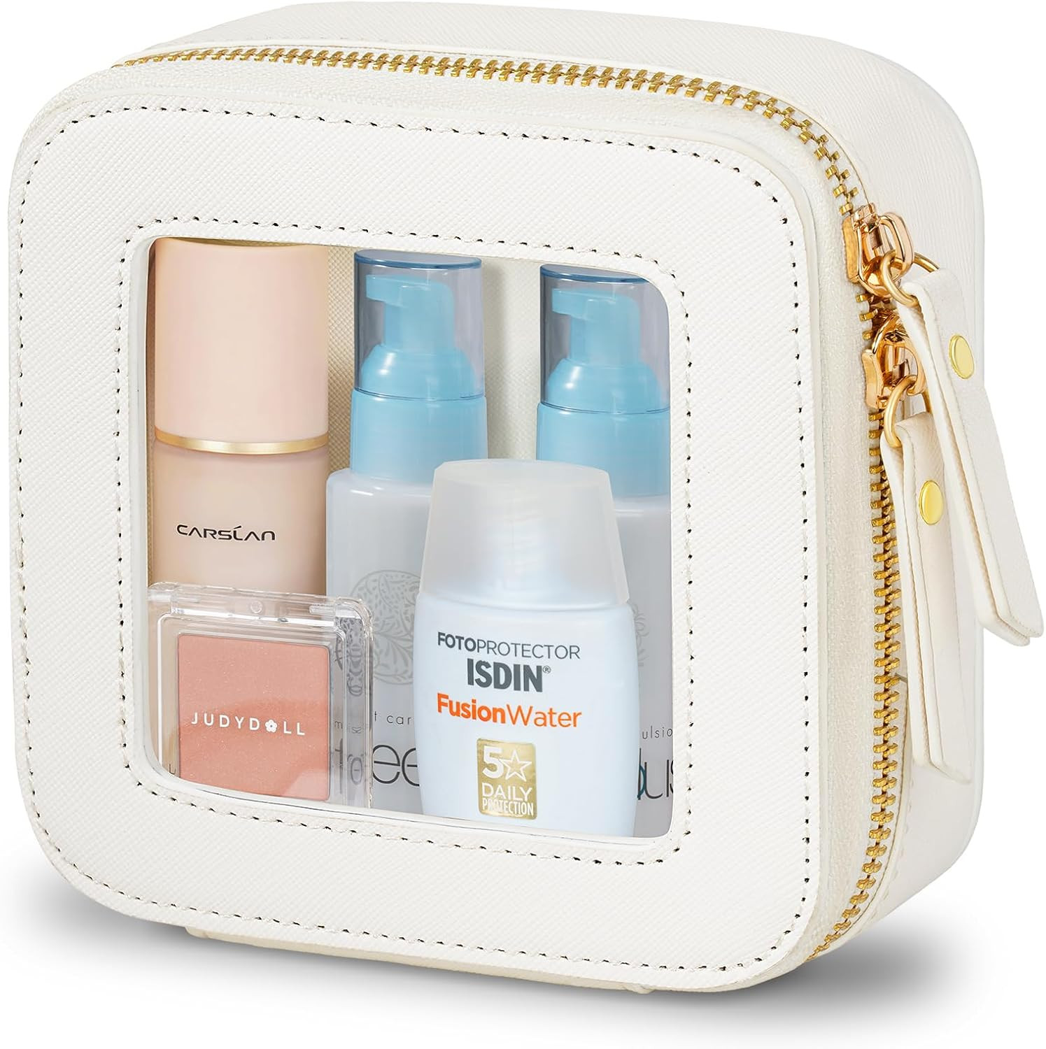 small square makeup bag is from Amazon