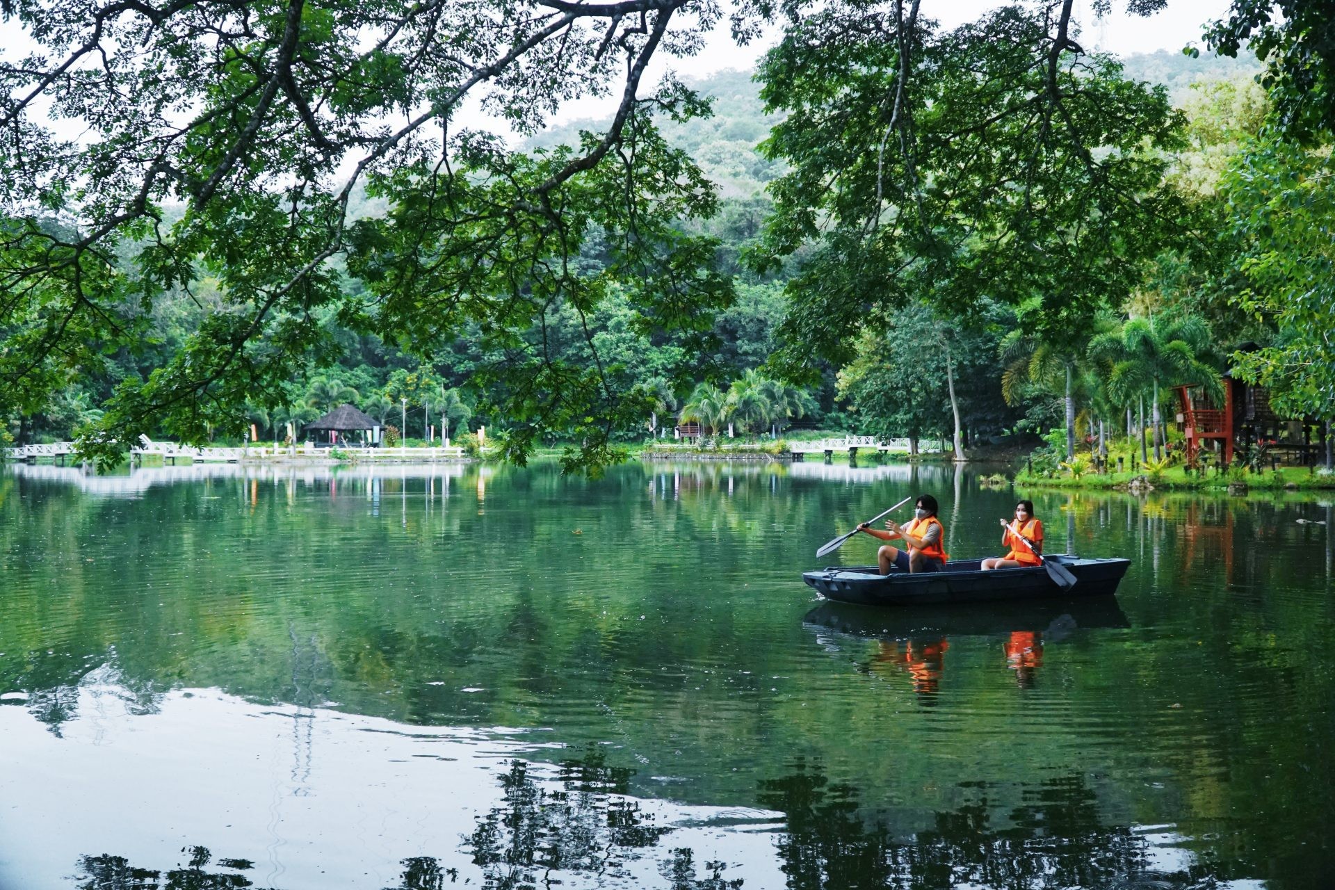 Boat riding on the lagoon at Lower Magat Eco-Tourism Park, complete with life vests for safety.