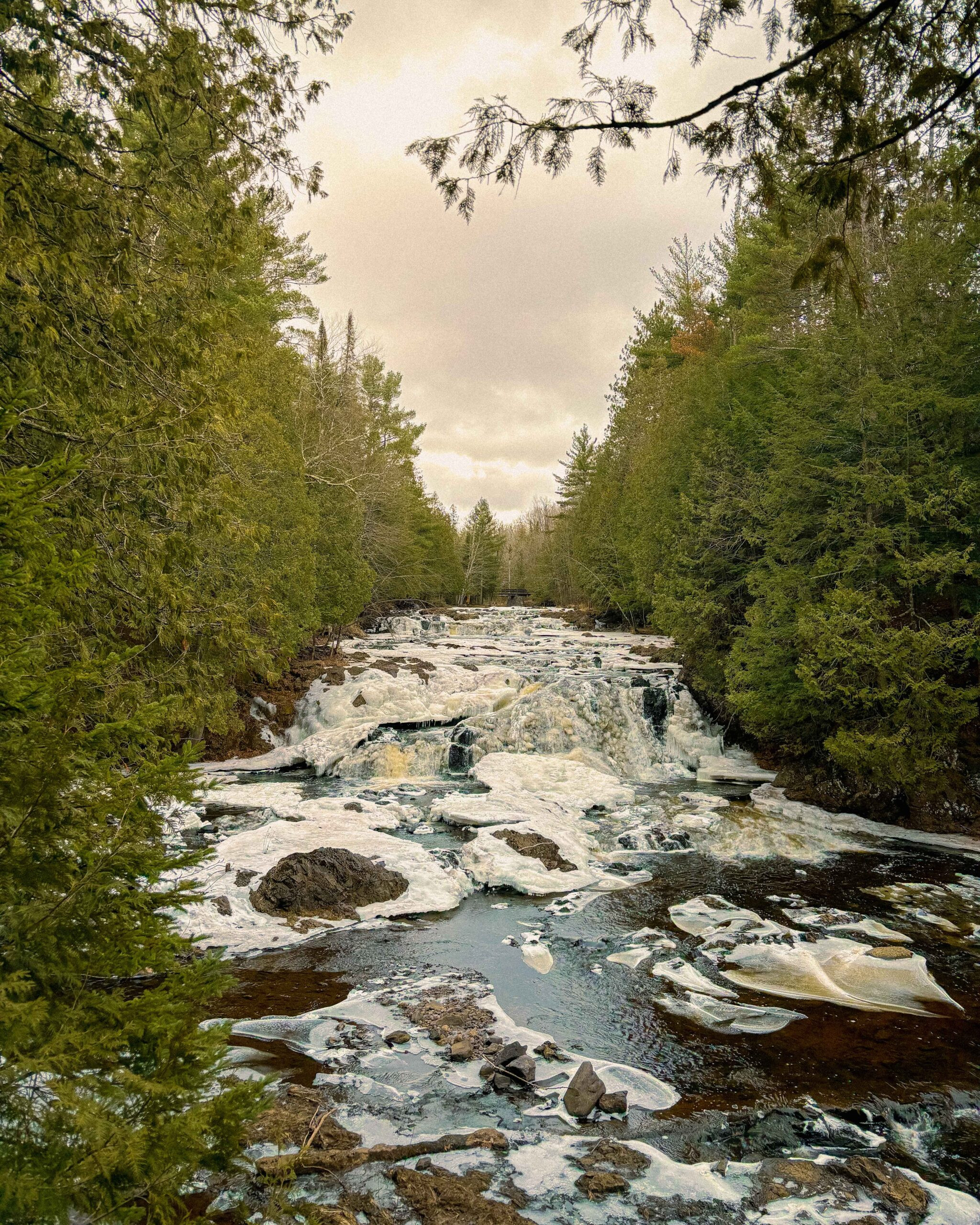Copper Falls waterfall in the winter in Northern Wisconsin showcasing natural Midwestern beauty