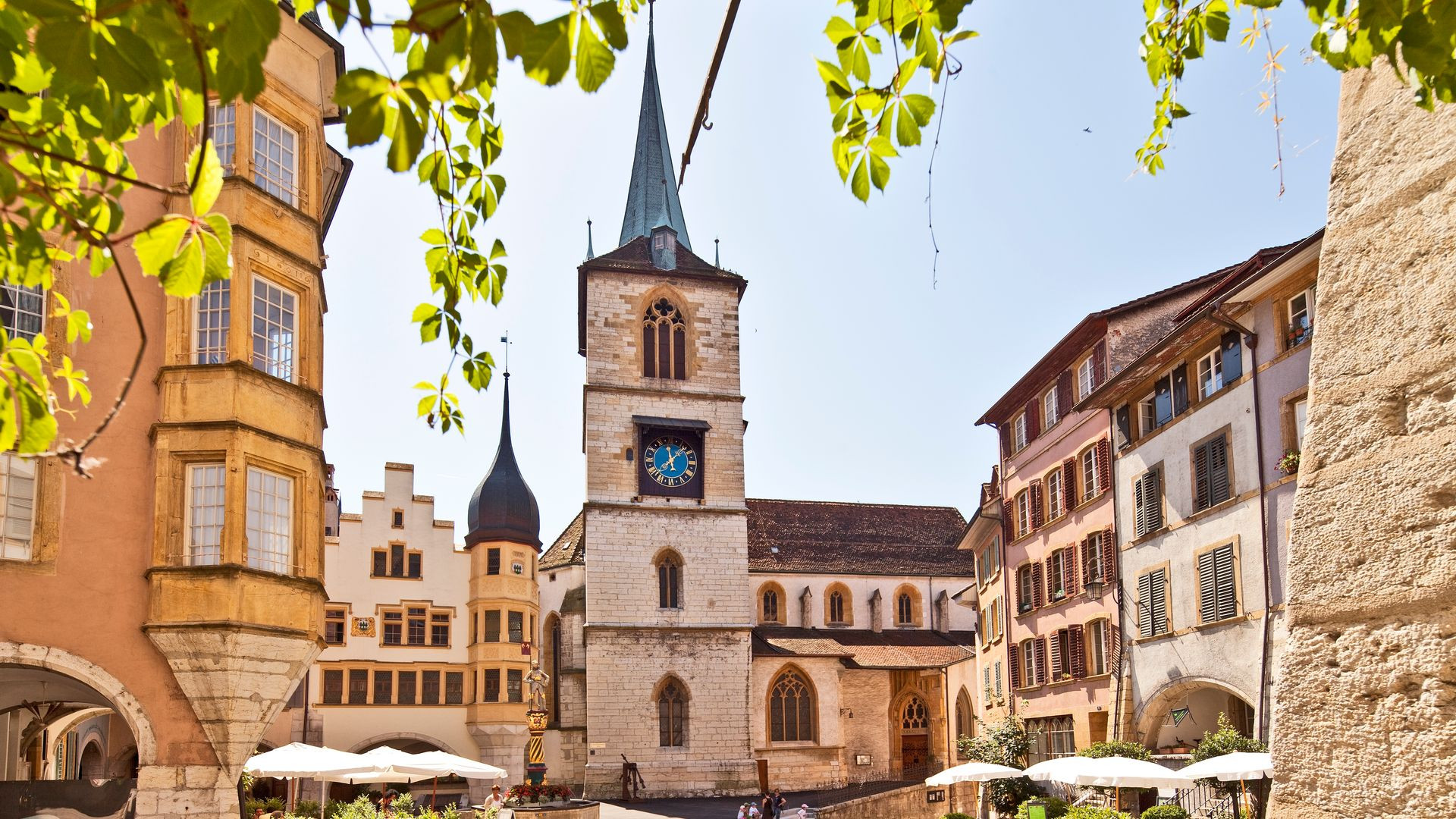 Biel/Bienne Old Town with the Jura mountains and Lake Biel