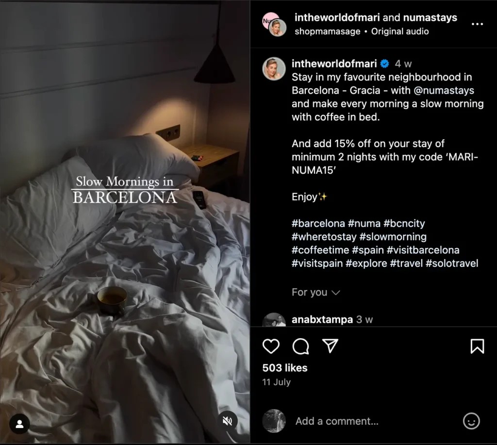 Example of influencer marketing on Instagram
