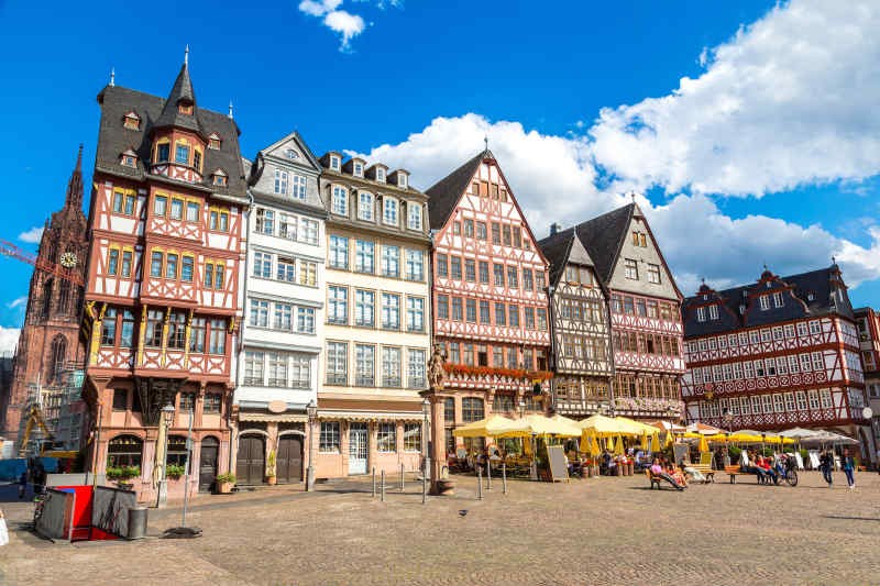 Modern skyscrapers in Frankfurt, Germany, contrasting with the old town