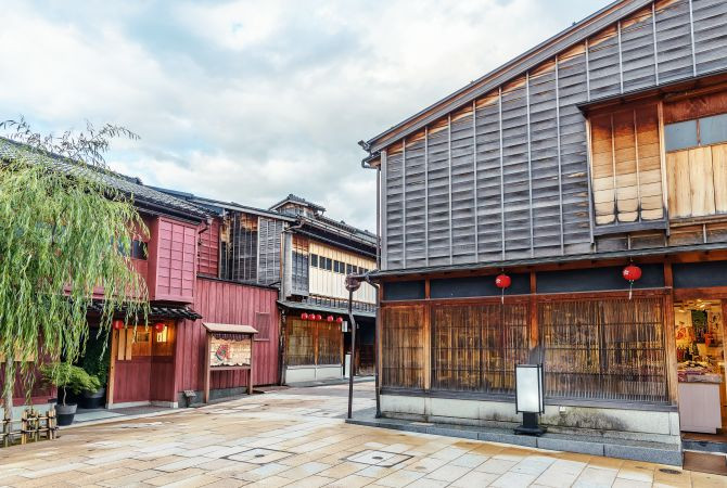 Exterior view of Kanazawa Castle with its impressive stone walls and traditional Japanese architecture