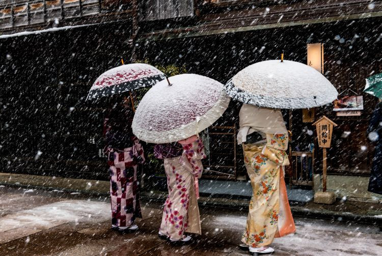 Kenrokuen Garden in Kanazawa during winter, with snow-covered trees and traditional Japanese landscaping