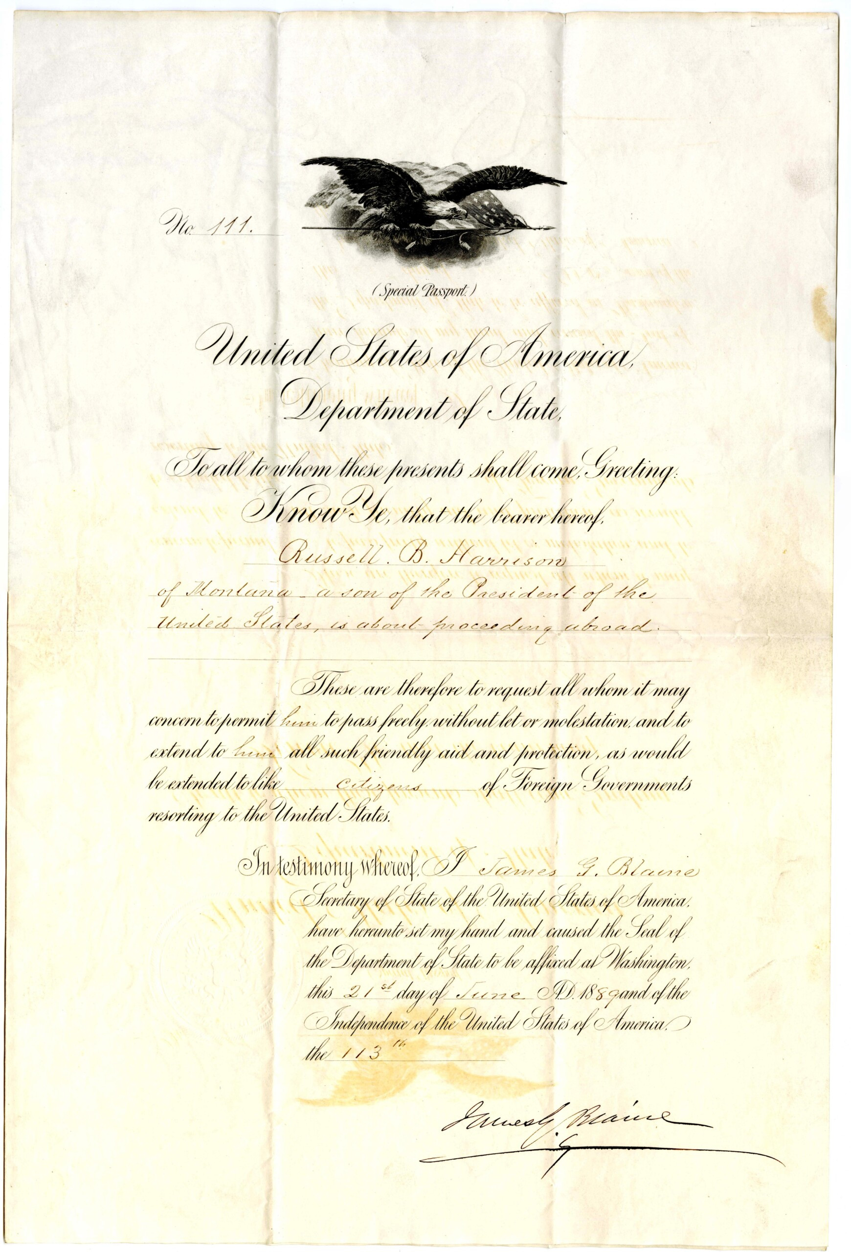 Russell B. Harrison passport, 1889. Source: Benjamin Harrison collection (L063), Rare Books and Manuscripts, Indiana State Library.