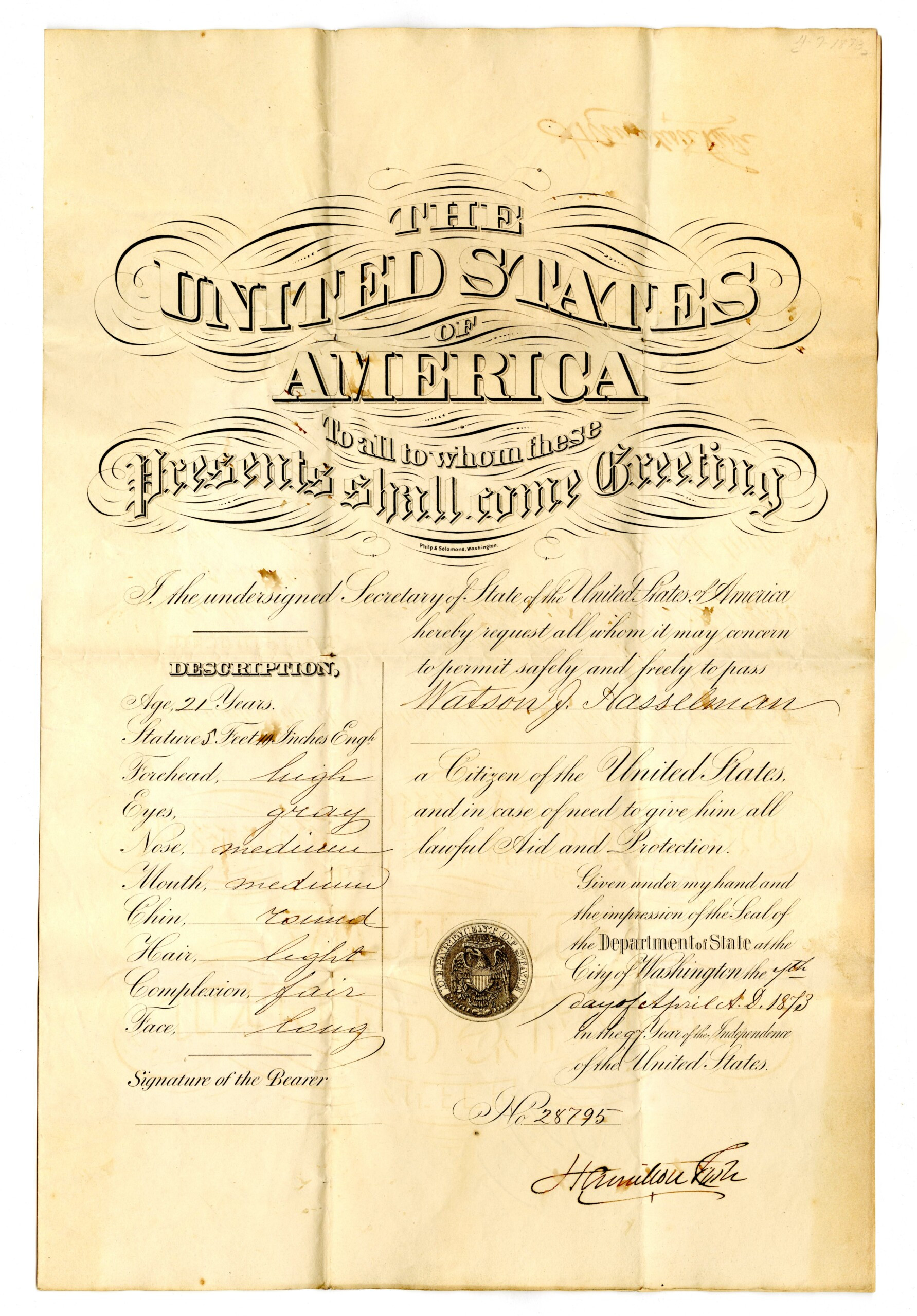 Watson J. Hasselman passport, 1873. Source: Hasselman and Blood family papers (L385), Rare Books and Manuscripts, Indiana State Library.