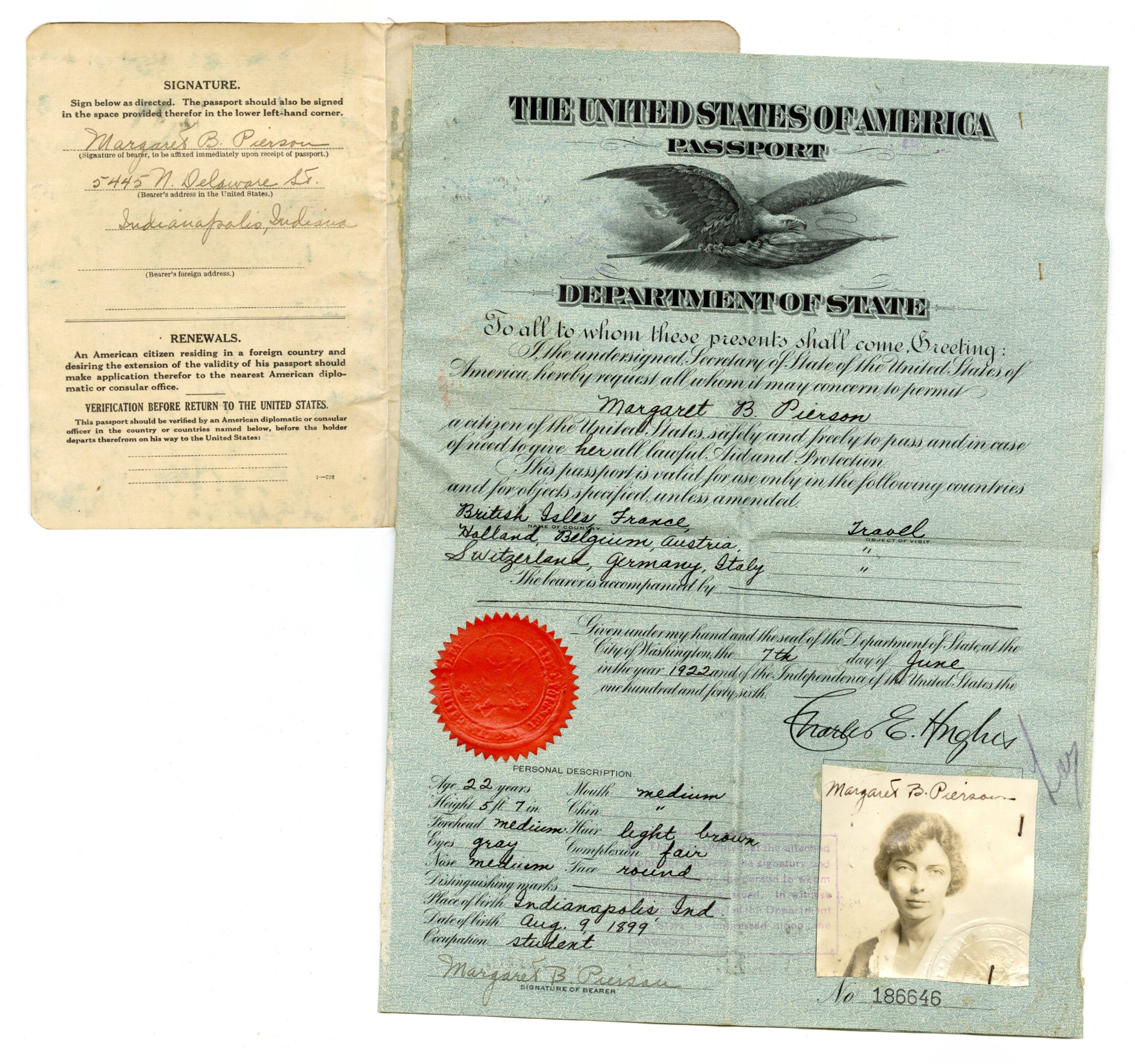 Margaret B. Pierson passport, 1922. Source: Margaret B. Pierson papers (S1038), Rare Books and Manuscripts, Indiana State Library.