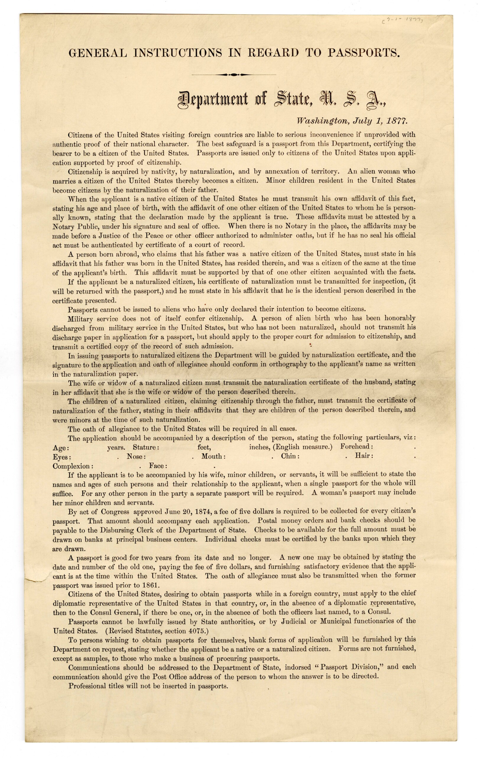 U.S. Department of State, “General instructions in regards to passports” document (S3463), Rare Books and Manuscripts, Indiana State Library.
