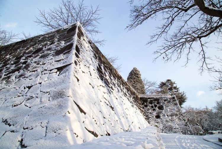 Stone walls of Morioka Castle in Iwate Park, a testament to the city's feudal history.
