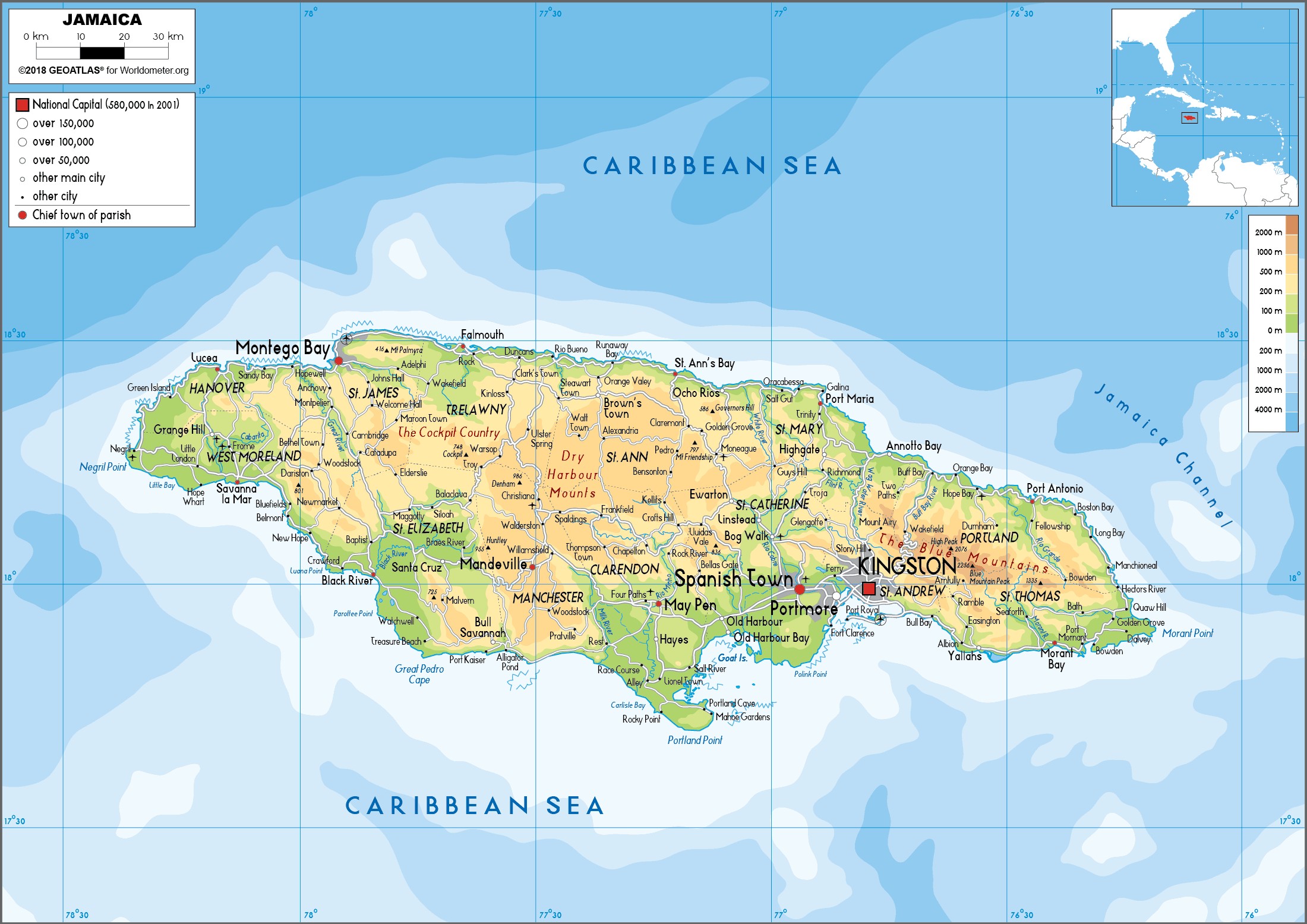 A map of Jamaica highlighting major tourist destinations and transportation routes