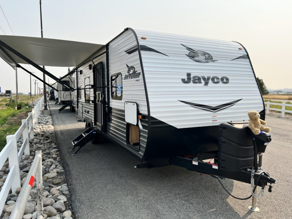 A Jayco Jay Flight 264bh entry-level travel trailer, offering essential features for comfortable camping