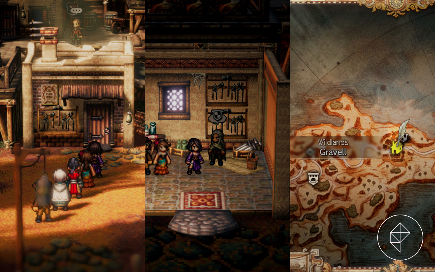 The Octopath Traveler 2 squad approaches a blacksmith in Gravell