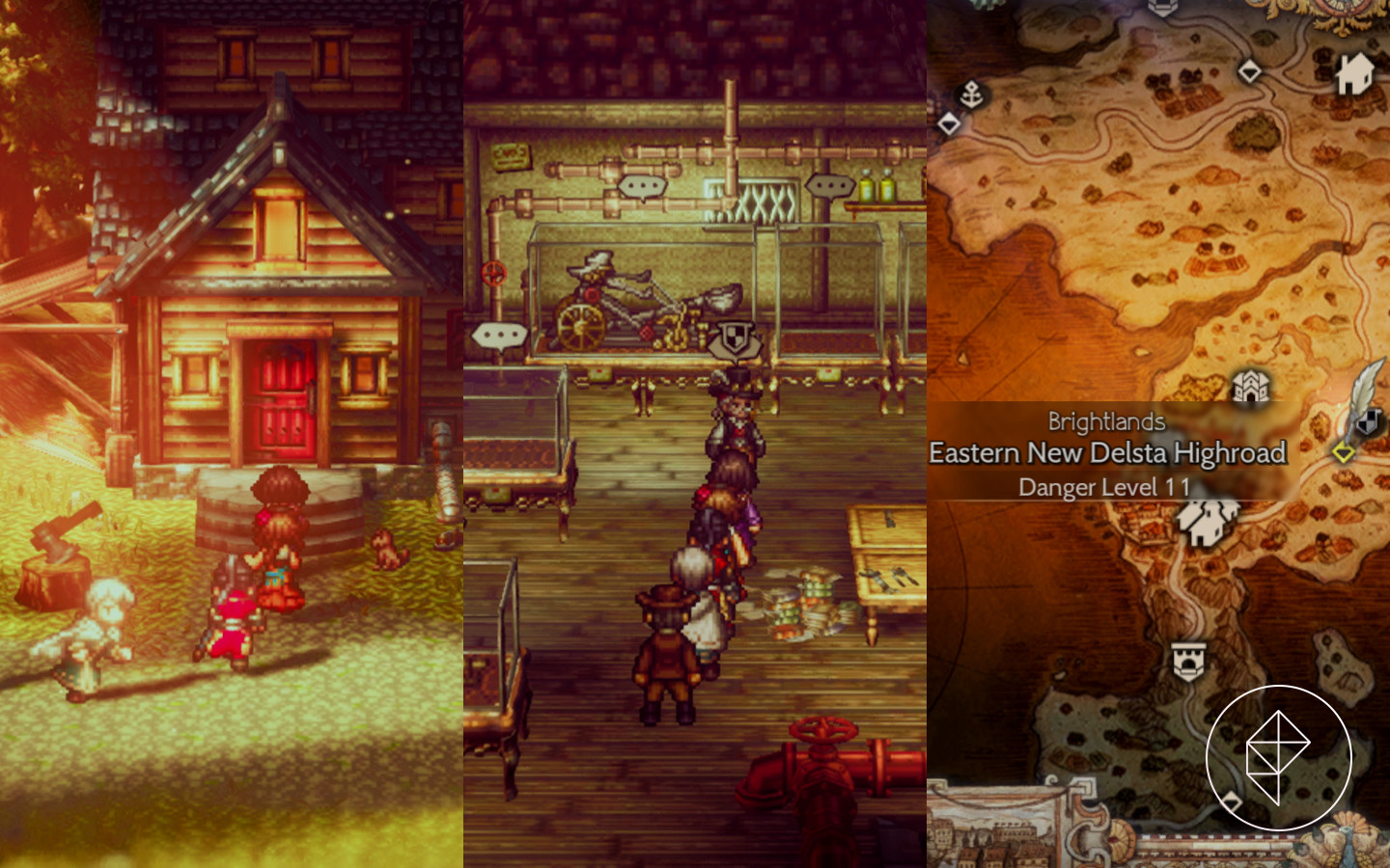 The Octopath Traveler 2 gang approaches a steampunk-esque workshop