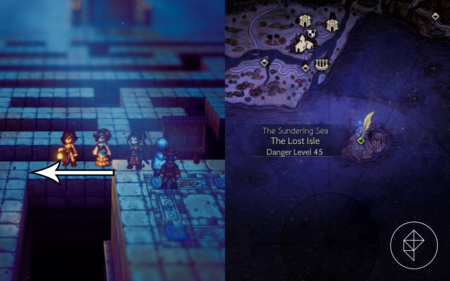 Some of the Octopath Traveler 2 characters walk along an invisible path in front of a sign