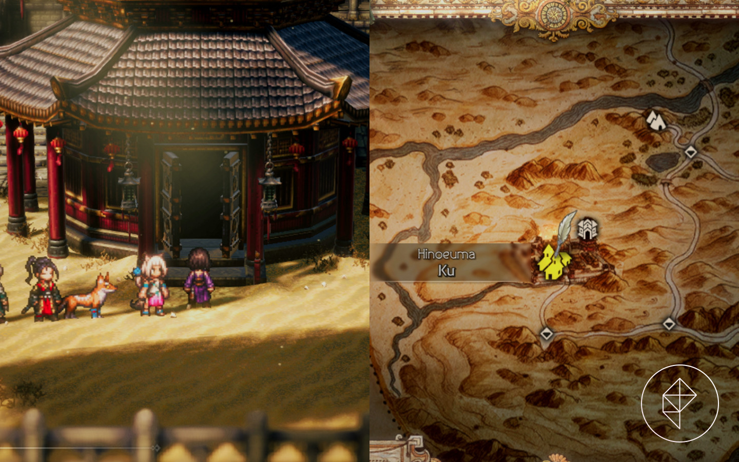 Some Octopath Traveler 2 characters stand outside of a pavillion in Ku