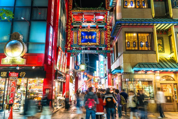 Yokohama Chinatown at night, vibrant and bustling with people