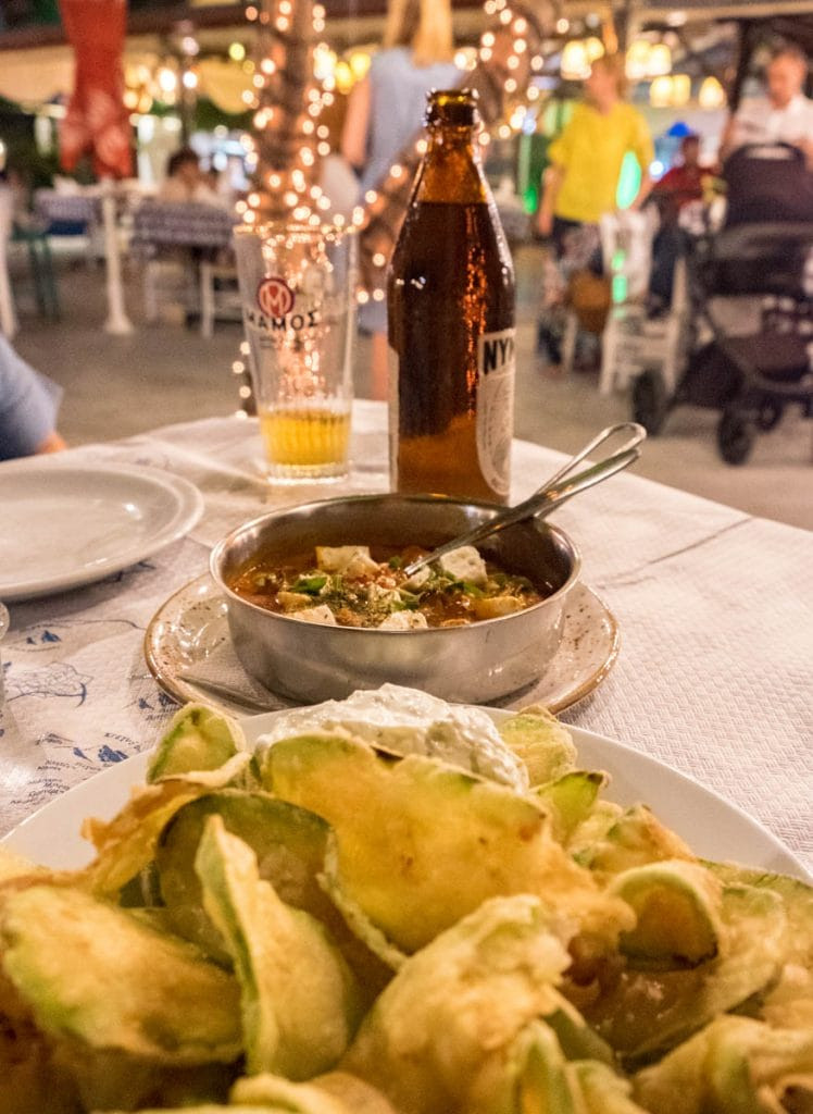 Shrimp saganaki and fried zucchini at Savvas Taverna