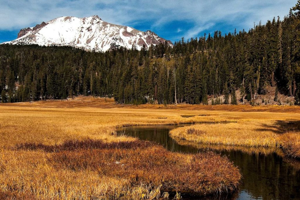 Kings Meadow with Lassen Peak in the background, showcasing a serene landscape within Lassen Volcanic National Park