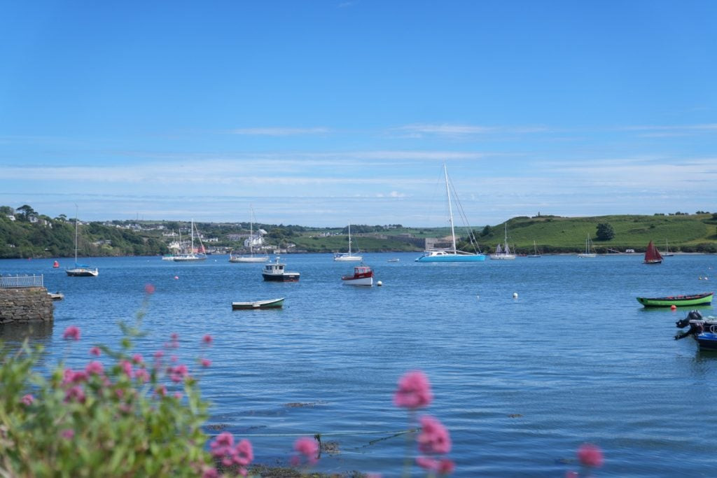 Aerial view of Kinsale with the coastline and town visible