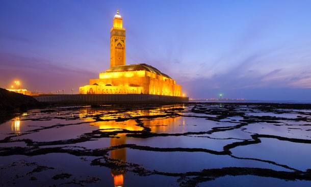 Hassan II Mosque at sunset in Casablanca, Morocco